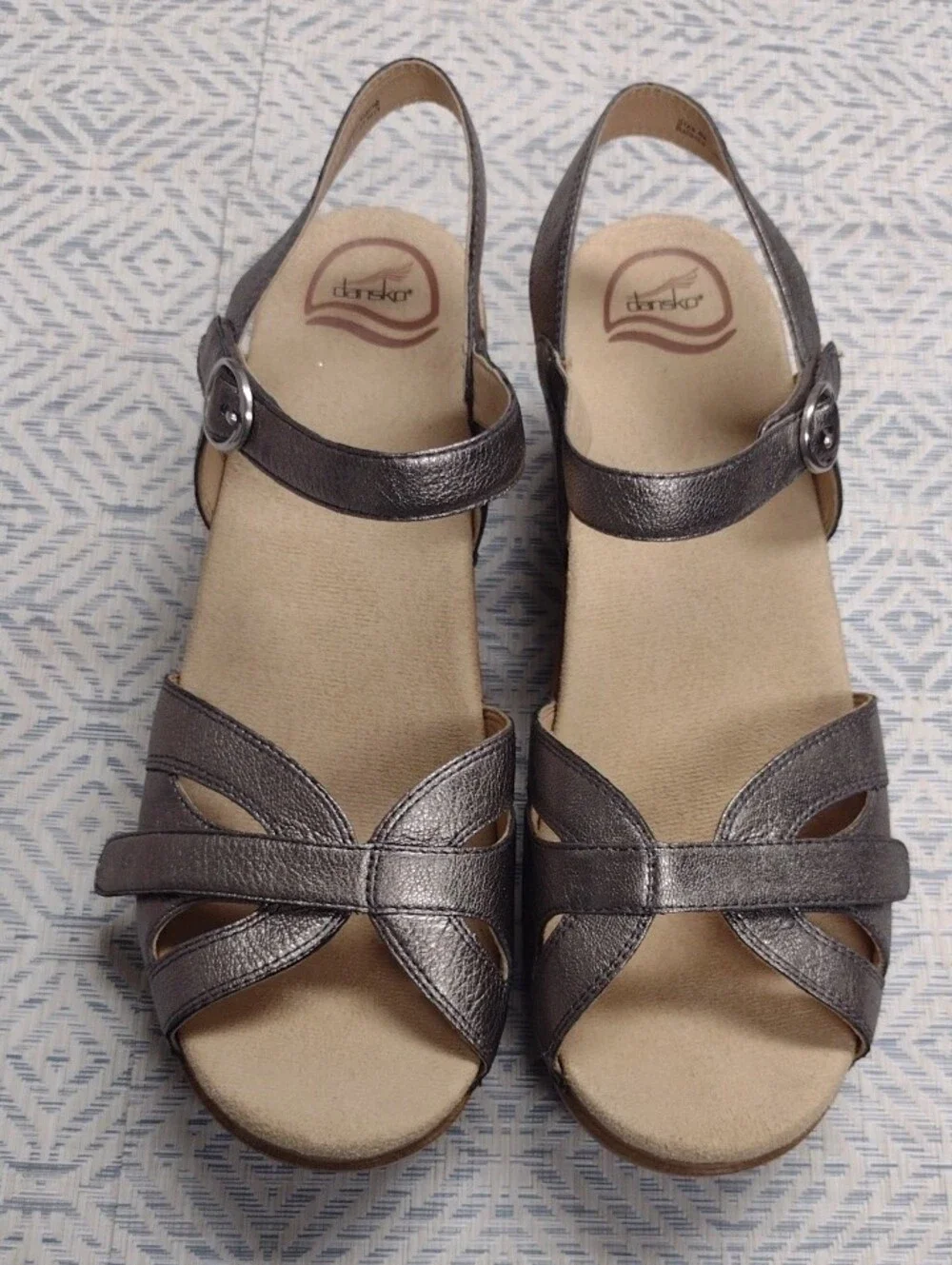 Dansko Silver Leather Wedge Sandals with Wood-Look Heel